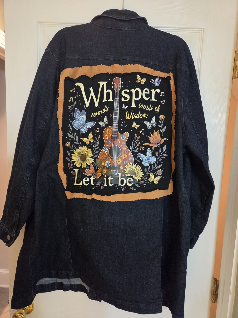 Upcycled Jessica London Deep BLUE Denim Jacket with Floral Guitar Back Graphic